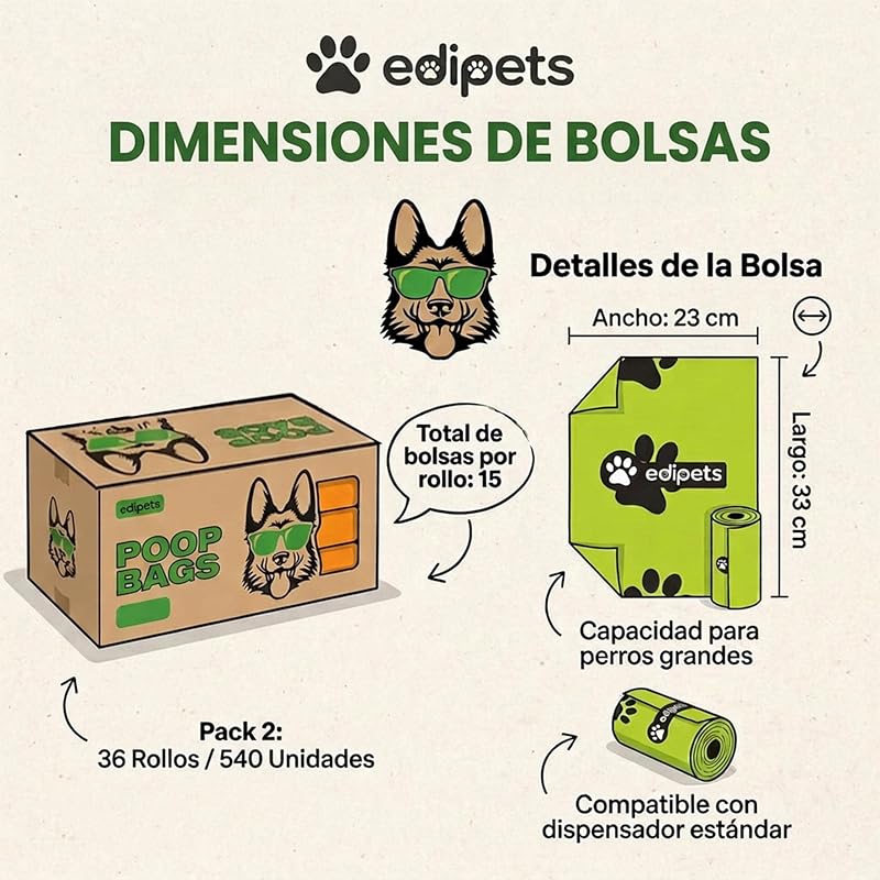 , sacos de cocó de cão, biodegradáveis, 405 ou 540 unidades, extra espessos, à prova de fugas, sacos de cocó de cão, sacos de cocó de cão, saco de cocó de cão (36 rolos / 540 unidades)
