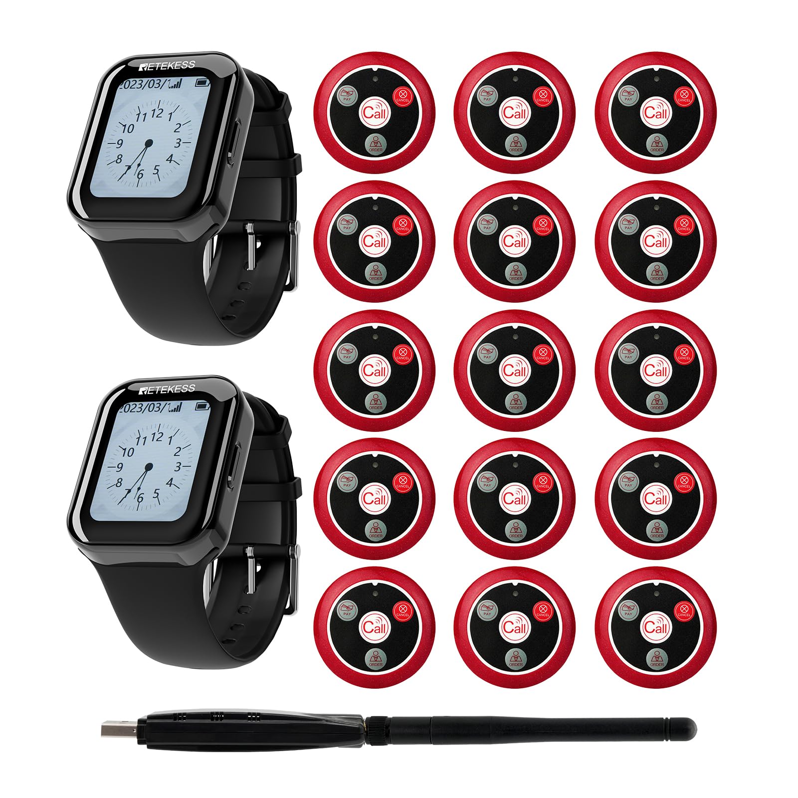 Photo 1 of Retekess TD113 Staff Pager System, Wireless Calling System, IPX67 Waterproof, Long Standby Time, 1 USB 2 Watches 15 4-Key Call Buttons for Restaurant, Waitress, Hotel, Cafe