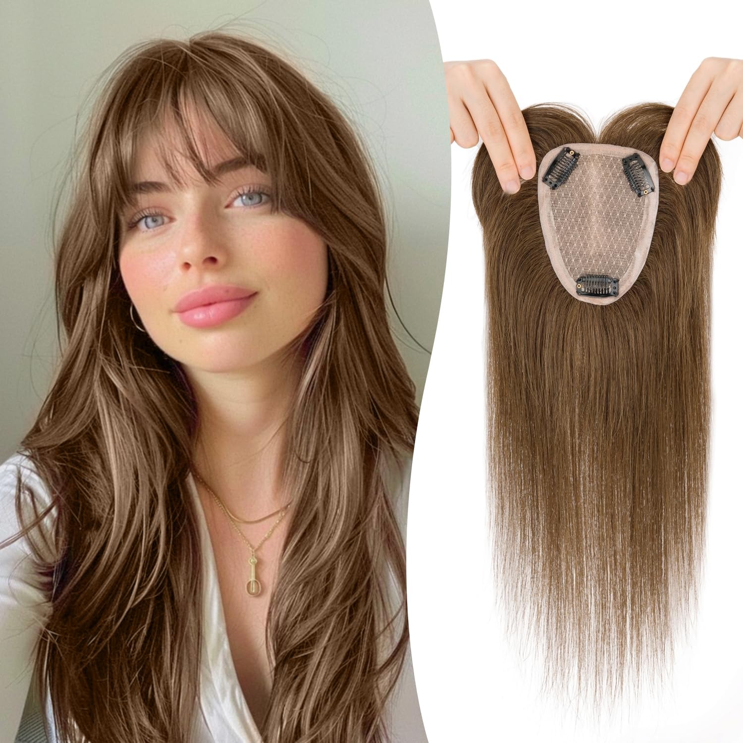Photo 1 of (please use all images) TESSHAIR Human Hair Topper with Bangs, 100% Remy Toppers Hair Pieces for Women, No Tangle & Smooth