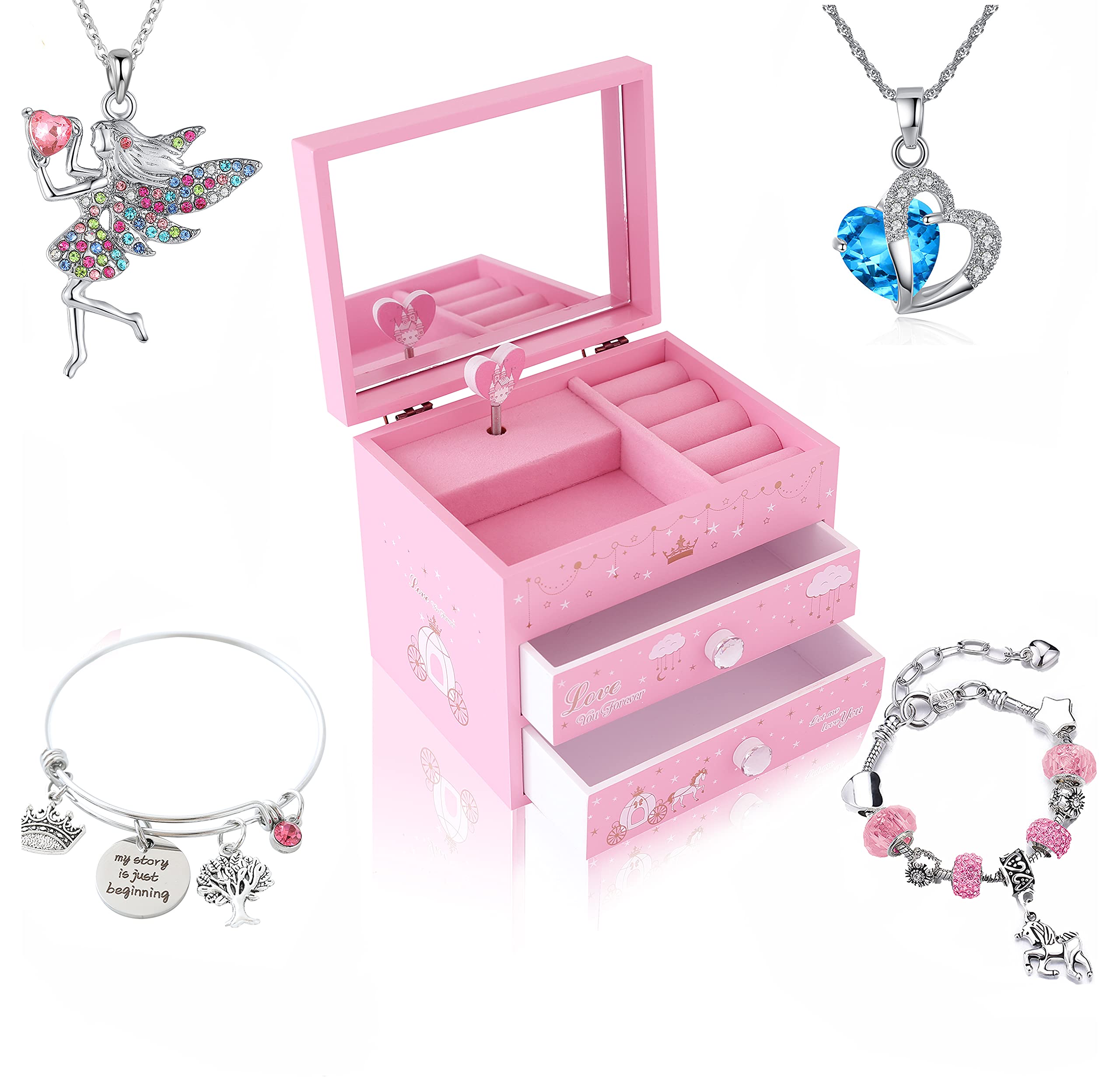 ZOOWING Girl's Wooden Unicorn Musical Jewellery Storage Box with Unicorn Necklace and Bracelet (Princess1)