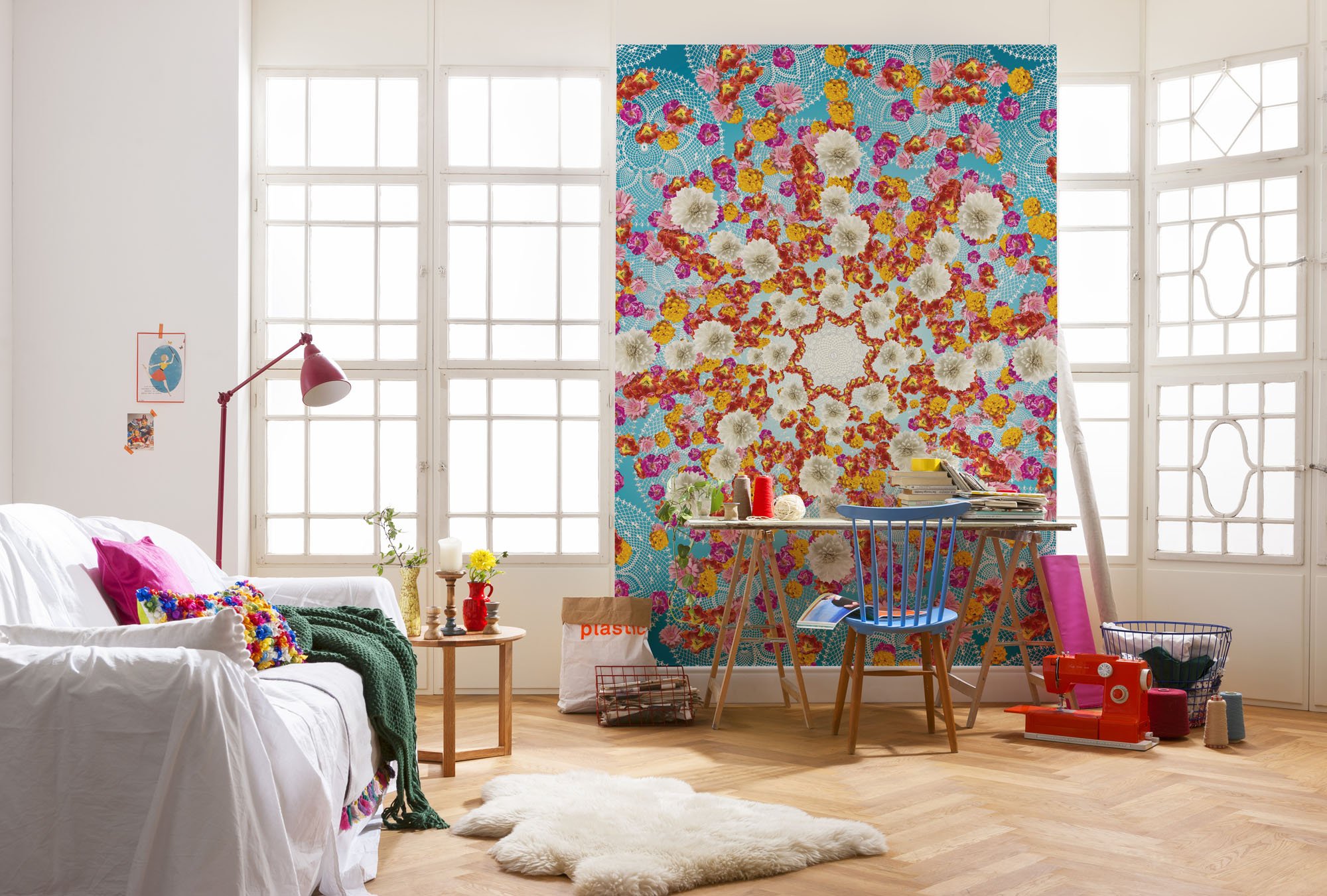 Komar 4-969 184 x 254 cm "Happiness Flower Floral" Wallpaper Mural - Pink (Pack of 4)