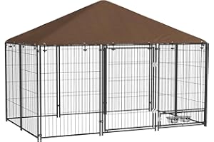 PawHut Large Dog Run, 6.9' x 4.6' x 5' Outdoor Dog Kennel with Canopy, Rotating Bowls, Door for Backyard & Garden, Coffee