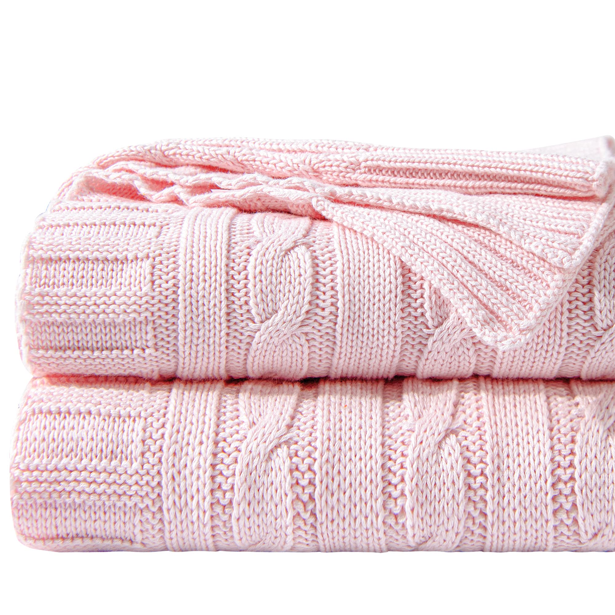 NTBAY 100% Pure Cotton Cable Knit Throw Blanket, Super Soft Warm 130x170 Knitted Throw Blanket for Couch, Sofa, Chair, Bed - Extra Cozy, Machine Washable, Comfortable Home Decor, Baby Pink, 130x170 cm
