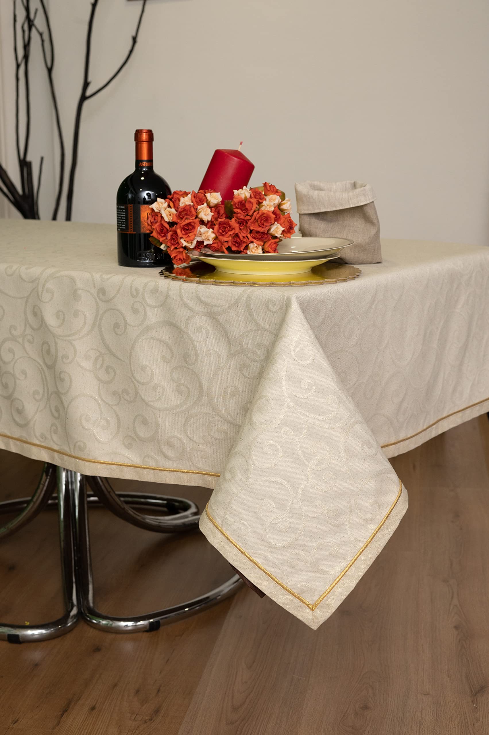 ESSE HOME – Rectangular Tablecloth – Square – Round – Oval – Cotton Blend Stain Resistant – PATTY (T 180x270, LINEN-GOLD)