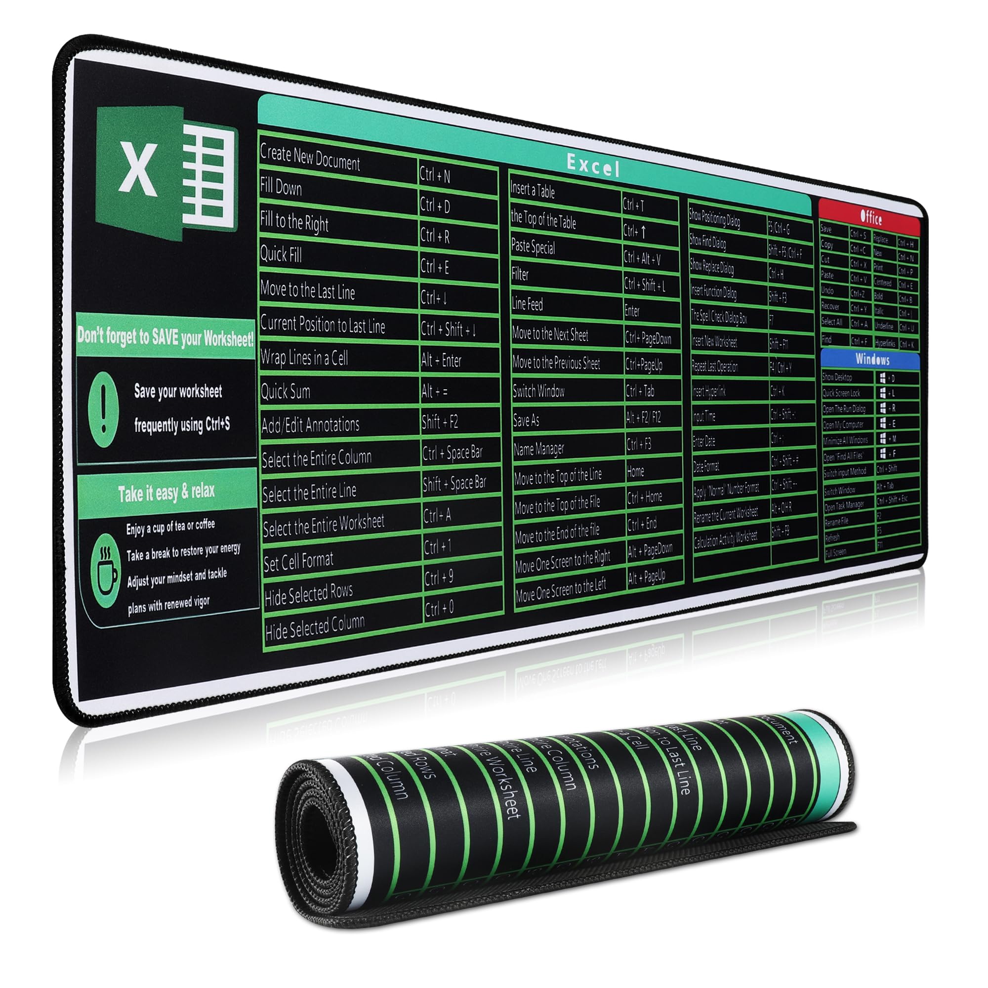 Photo 1 of HGWALP Excel Cheat Sheet Desk Pad,Excel Mouse Pad Shortcuts,Large XXL Mouse pad Gaming|Desk mat for Keyboard and Mouse| Non-Slip Computer mat with excel Shortcuts,PC Office Spreadsheet Keyboard Mat