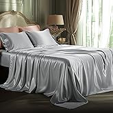 Bedsure Satin Sheets Queen Size - 4 Piece Silky Bedsheets with Elastic Corner Straps and 15 Inches Deep Pocket Fitted Bedsheet,1 Flat Sheet, 2 Satin Pillowcases, Good for Hair &Skin(Queen,Silver Grey)