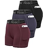 Roadbox Women's Volleyball Compression Shorts with Pockets, 3 Pack Spandex Workout Athletic Shorts for Running Gym Yoga
