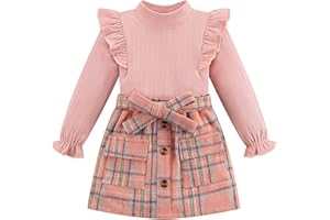 Weixinbuy Toddler Girl Fall Winter Clothes Solid Long Sleeve Ribbed T-Shirt Knit Tops Plaid Button Mini Skirts Set Outfits