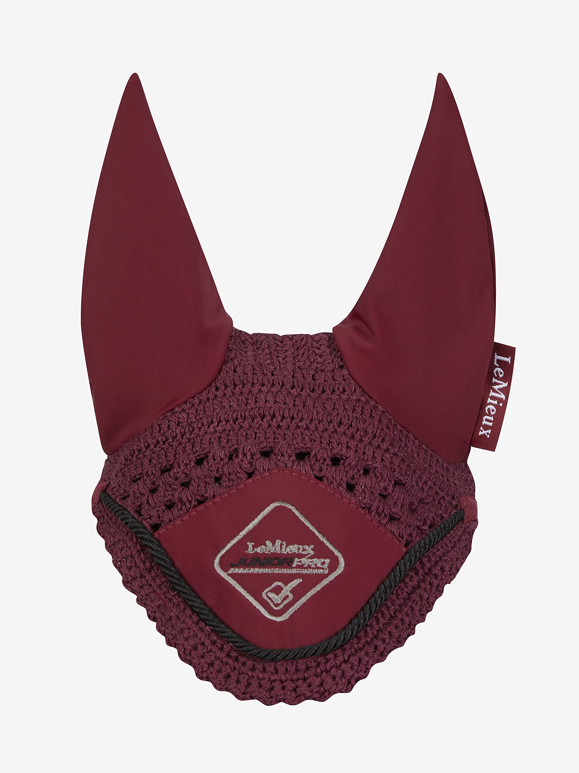LeMieux Junior Pro Fly Hood in Burgundy with Soft Lycra Ear - 3 Way Close Knit Crochet - Sport Horse Wear for Competitive Rider - Small
