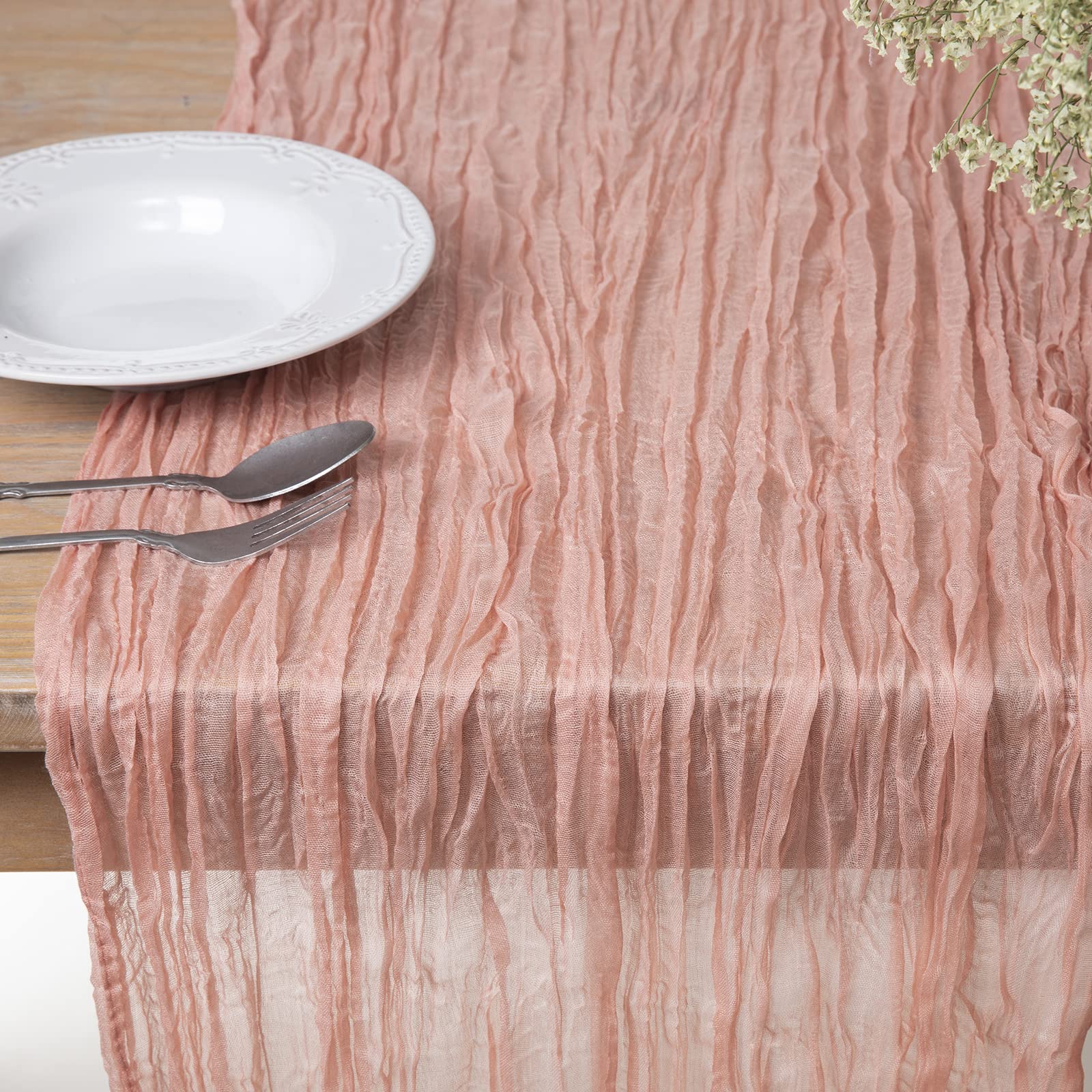 DOLOPL 8PCS Coral Cheesecloth Table Runner Bulk 13.3ft Boho Gauze Cheese Cloth Table Runner Rustic Sheer Runner 160inch Long for Wedding Bridal Baby Shower Birthday Party Cake Table Decorations Image