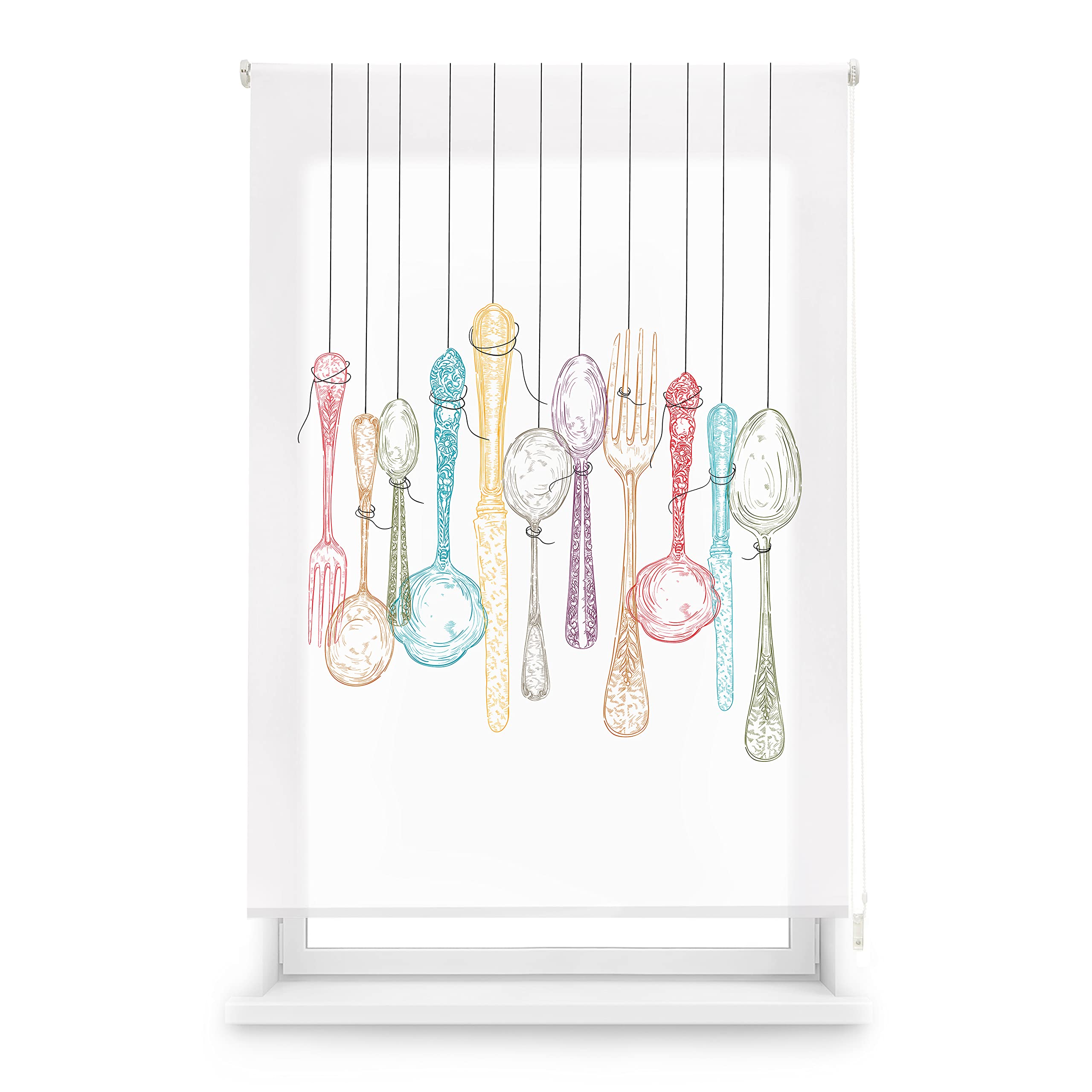 Blindecor Digital Kitchen | Translucent Roller Blind with Digital Print | Cutlery Model | 110 x 180 cm (W x H) Fabric Size 107 x 175 cm | Window Blinds