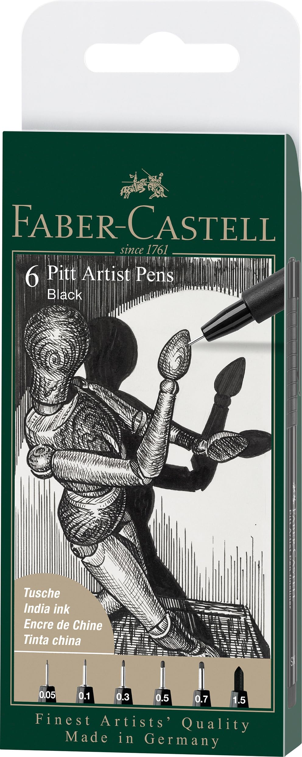 Faber-Castell Art & Graphic Pitt Artist Pen India Ink Pen, Black, Wallet of 6, Art, Craft, Drawing, Sketching, Home, School, University, Colouring