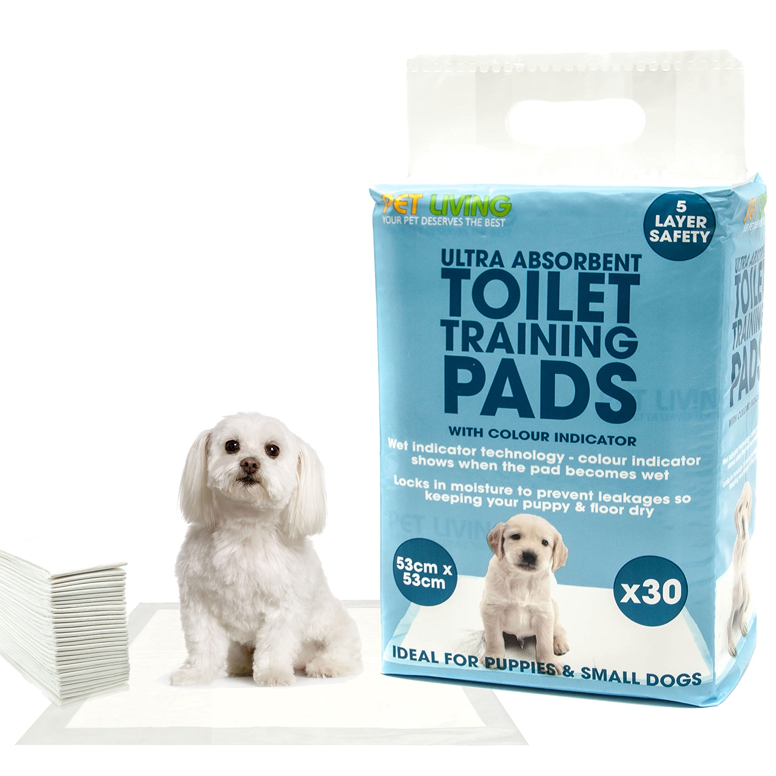 30 X Ultra Super Absorbent Puppy Pads Training Pads with Colour Indicator 5 LAYER SAFETY Dog Toilet Pads Pee pads for Dogs (53 X 53CM) Small Dog Training Puppy Pads (30 Pads (1 Pack))
