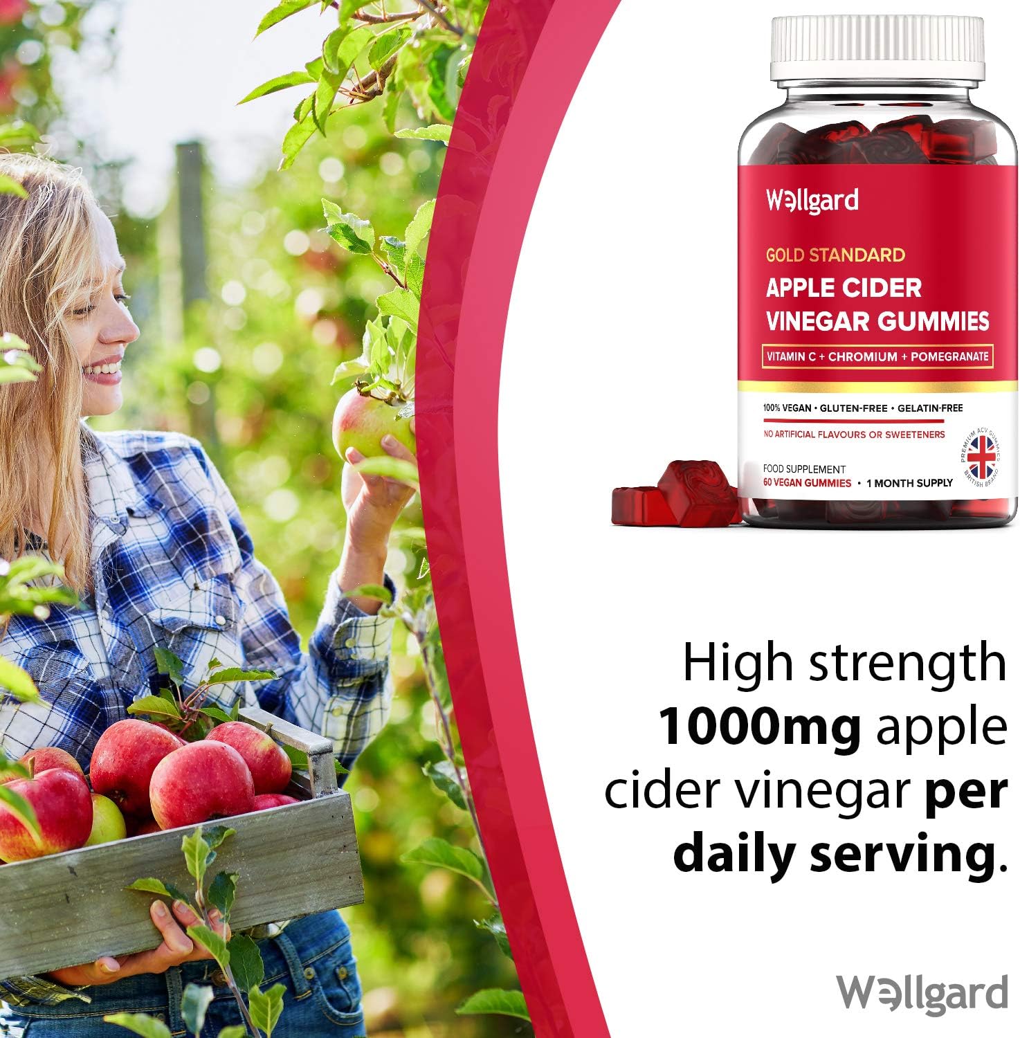 Wellgard Vegan Apple Cider Vinegar Gummies, Gold Standard 1000mg ACV Gummies with Vitamin C, Chromium and Pomegranate - Image 3
