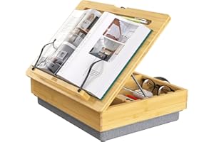AboveTEK Book Stand for Reading with Storage, Adjustable Bamboo Book Holder with Soft Lap Cushion, Cookbook Stand, Hands-Free Book Reading Stand for Bed, Desktop & Kitchen Counter