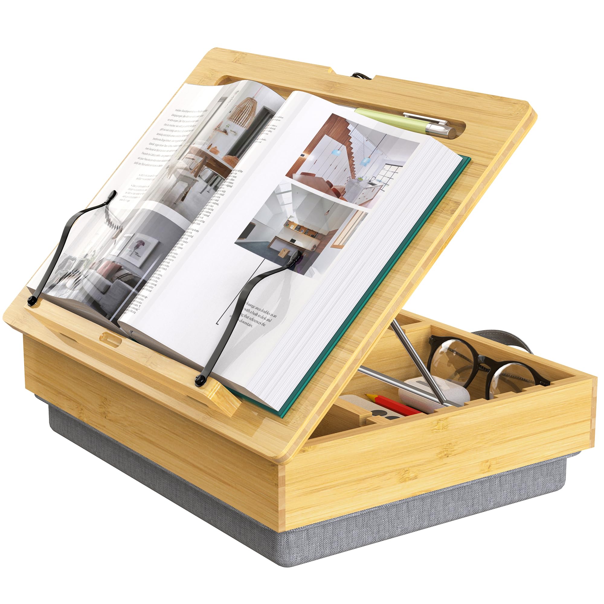 Photo 1 of AboveTEK Book Stand for Reading with Storage, Adjustable Bamboo Book Holder with Soft Lap Cushion, Cookbook Stand, Hands-Free Book Reading Stand for Bed, Desktop & Kitchen Counter