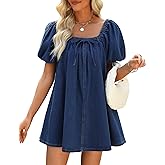 POLIRO Denim Dress for Women, Puff Short Sleeve Jean Dress Square Neck Denim Romper with Pockets