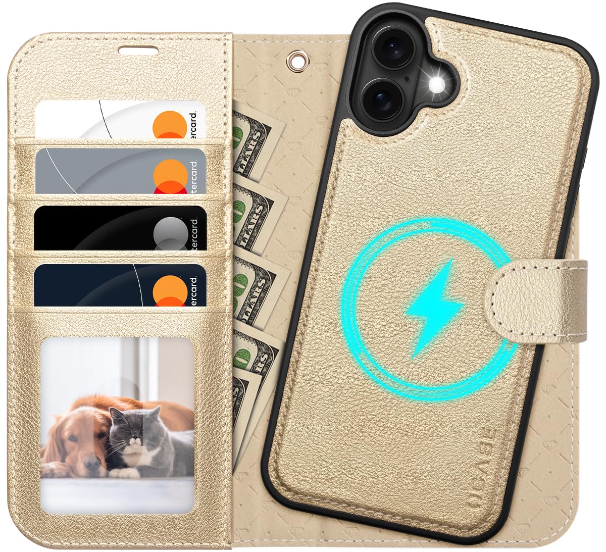 OCASE for iPhone 16 Plus Case, Detachable 2 in 1 PU Leather Wallet Case with RFID Blocking, Wireless Charging, Card Holders, Kickstand, Shockproof Removable Phone Cover, Gold
