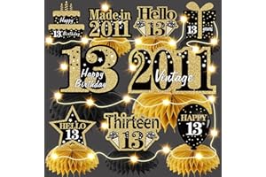 Bumqviy 9Pcs 13th Birthday Honeycomb Centerpieces Decorations with String Lights for Girls Boys, Happy 13 Year Old Birthday Table Toppers Party Supplies, Black Gold Vintage 2011 Bday Party Table Sign