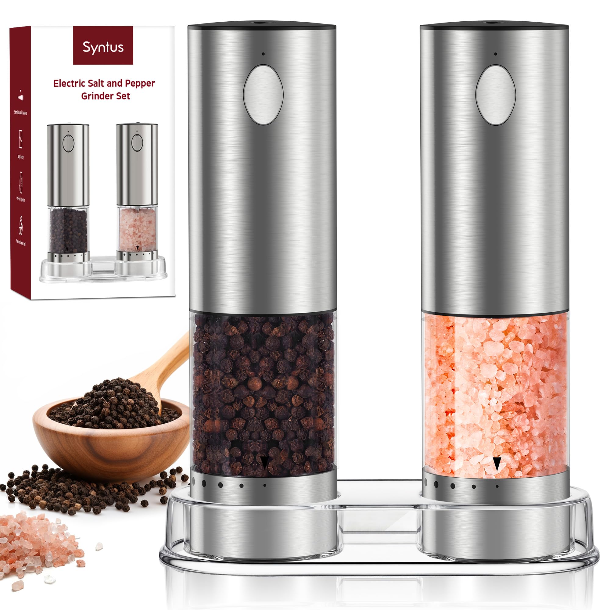 Photo 1 of Syntus Electric Salt and Pepper Grinder Set USB-C Rechargeable, Stainless Steel Automatic Salt and Pepper Shakers with 6 Adjustable Coarseness High/Low Grinding Speed 95ML Large Capacity & LED Light