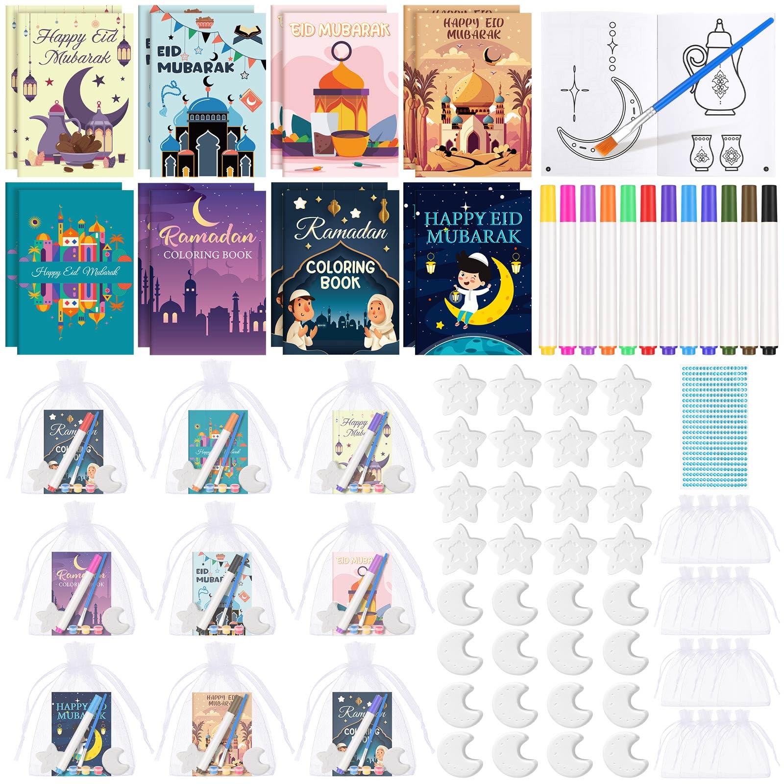 Photo 1 of Gueevin 61 Pcs Eid Mubarak Goodie Bags Ramadan Coloring Books Bulk for Kids DIY Islamic Ramadan Star Moon Gypsum Stickers Pens Art Set Craft Kits for Eid Holiday Activity Stuffers Party Favors Gifts- MISSING PAINT