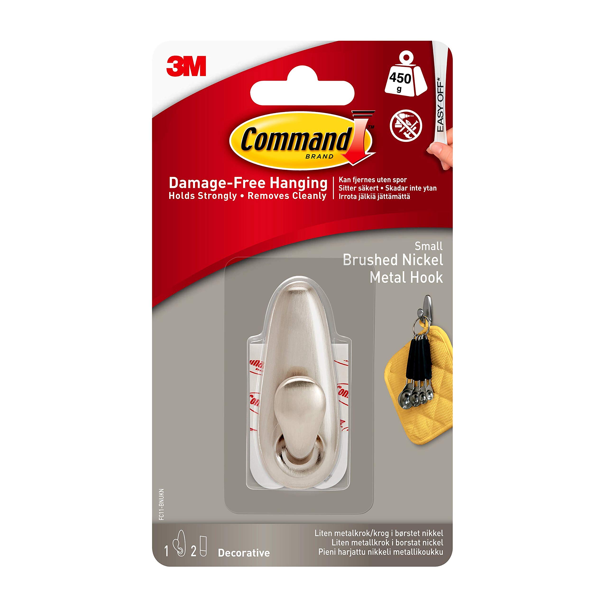 Command FC11-BN Small Brushed Nickel Hooks with Strips (Pack of 2, 1 Hook and 2 Small Adhesive Strips Each)