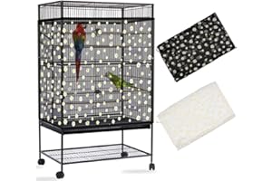 Daoeny 2PCS Bird Cage Seed Catcher, Large Bird Cage Cover, Adjustable Soft Airy Nylon Mesh, Birdcage Cover Skirt Seed Guard for Parrot Parakeet Macaw Round Square Cages (Black & White Daisy)