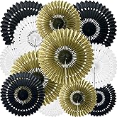 12Pcs Black Gold White Party Decorations Paper Fans Hanging Honeycomb Paper Fan for Christmas Birthday Party Wedding Baby Shower Wall Backdrop Decor