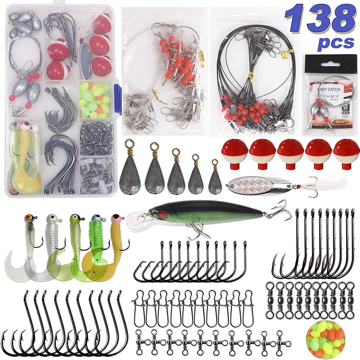 SHADDOCK Saltwater Surf Fishing Tackle Kit -138pcs Leader Rigs Saltwater Lures Spoon Sinker Weights Floats Hooks Swivel Beach Fishing Gear