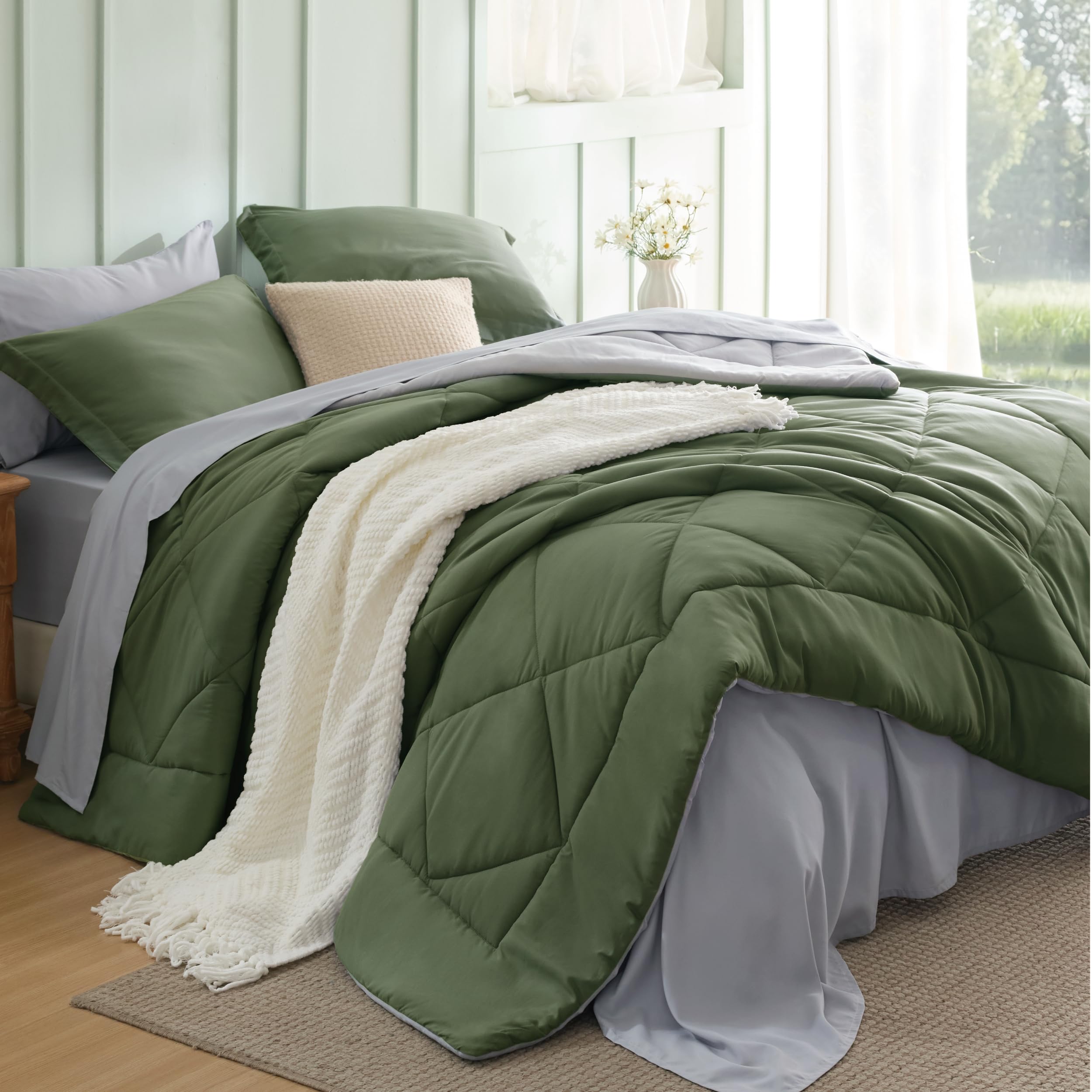 Photo 1 of Bedsure Twin Size Comforter Set - 7 Pieces Reversible Olive Green Bedding, Twin Size Bed Set for All Seasons, Bed in a Bag with Down Alternative Comforter, Sheets, Pillowcase & Sham