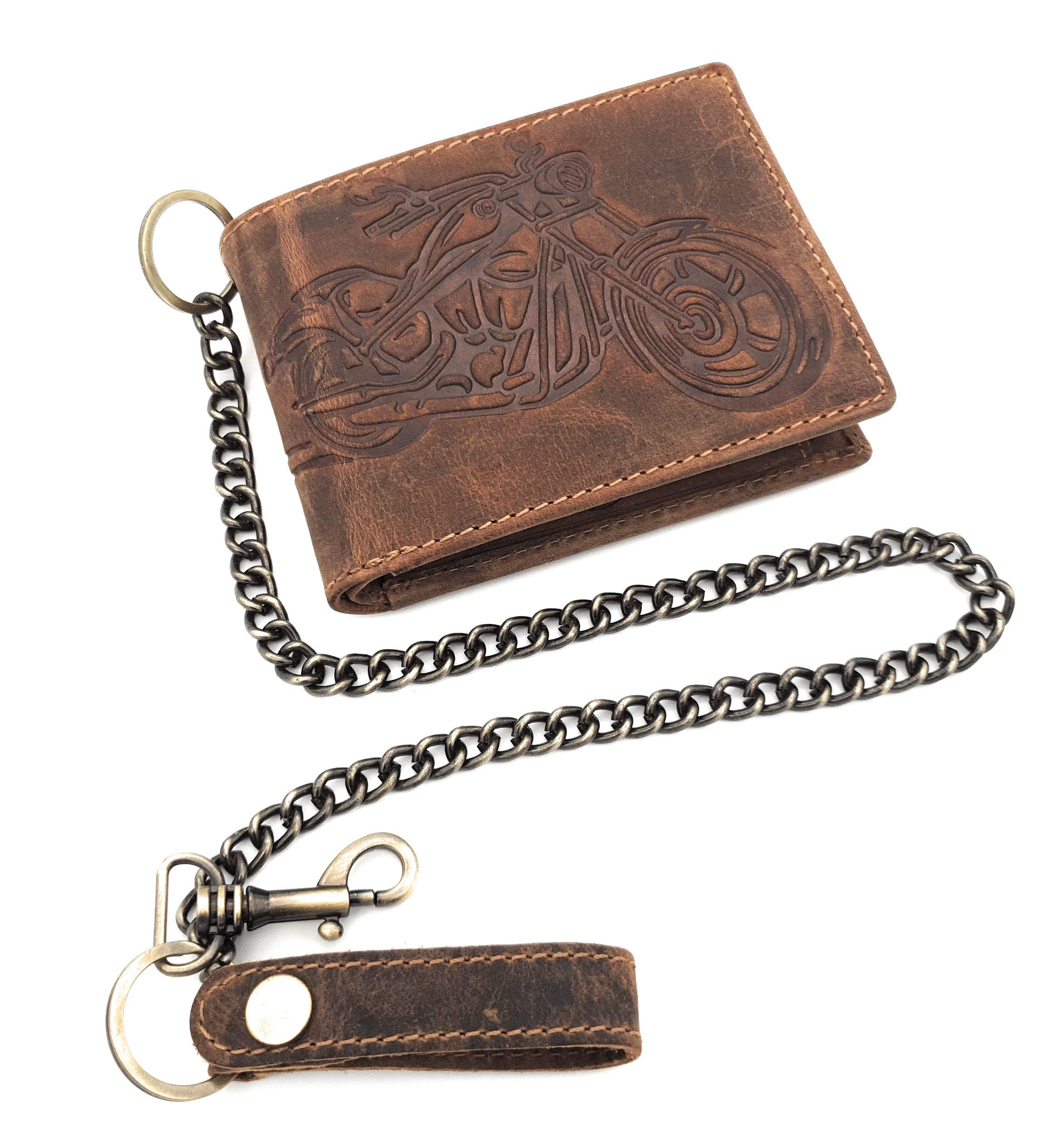 Genuine Leather Biker Wallet Horizontal Hunter Leather Motorcycle Wallet with 50 cm Chain and RFID Protection