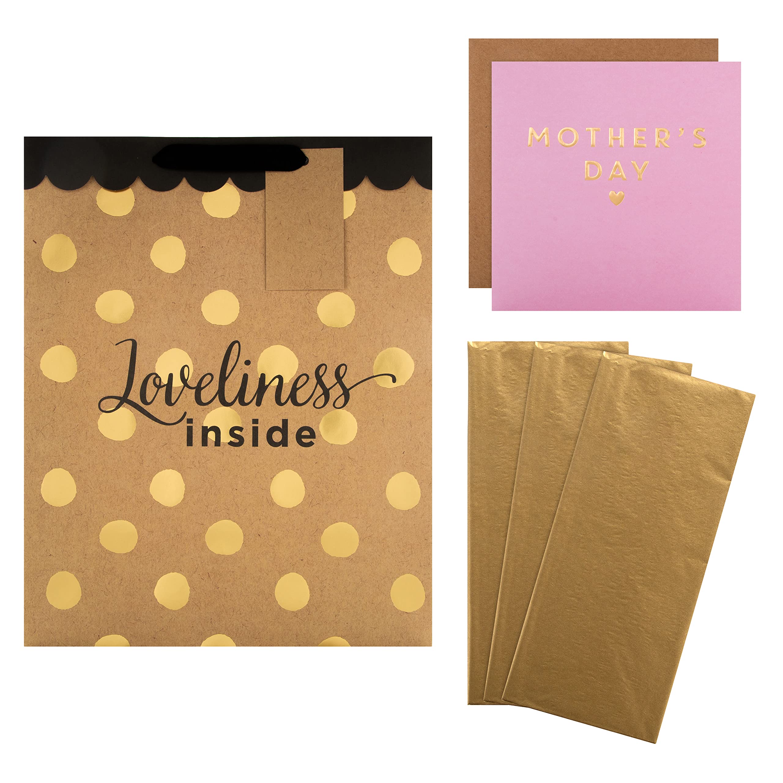 Hallmark Mother's Day Gift Wrap and Card Bundle - 1 Mother's Day Card, 3 Gold Tissue Paper Sheets and 1 Large Gift Bag in Contemporary Gold Designs, Pink & Gold