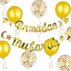 Ramadan Mubarak Banner Eid Decorations Metallic Hanging Star Moon Crescent Garland Islam Muslim Bunting Sign for Home Mantle Fireplace Happy Ramadan