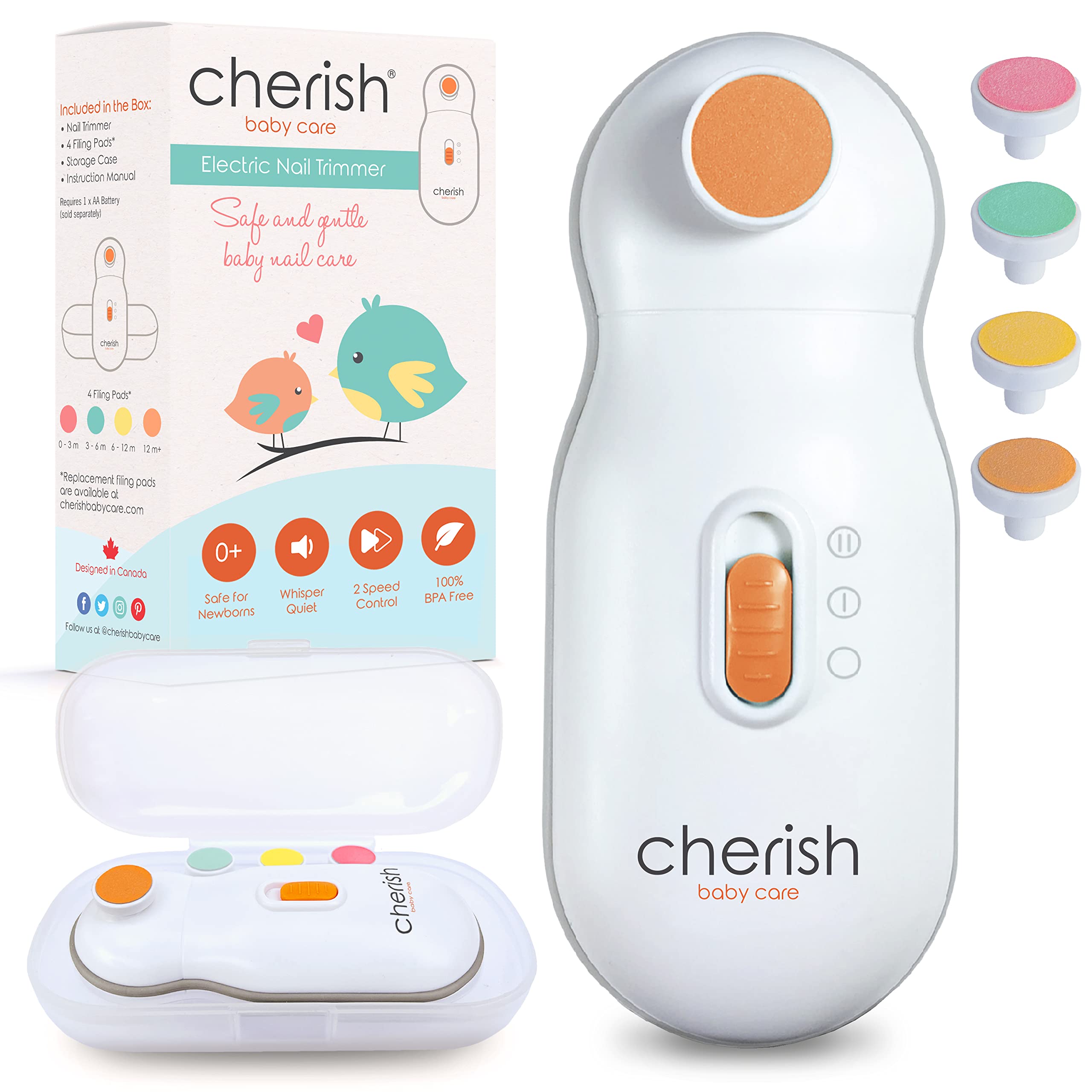 Cherish Baby Care Award-Winning Electric Baby Nail File - Automatic Safety Stop, Baby Nail File Electric with 4 Filing Pads from 0 to 12+ Months, Includes Travel Case โ image 1