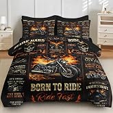 Boewywh Full Comforter Set, 7 Pieces Motorcycle Skull Bedding Set | Bed in A Bag with Sheets for All Season, 2 Pillowcases &amp; 2 Shams for Kids and Adults, Vintage Retro Gothic
