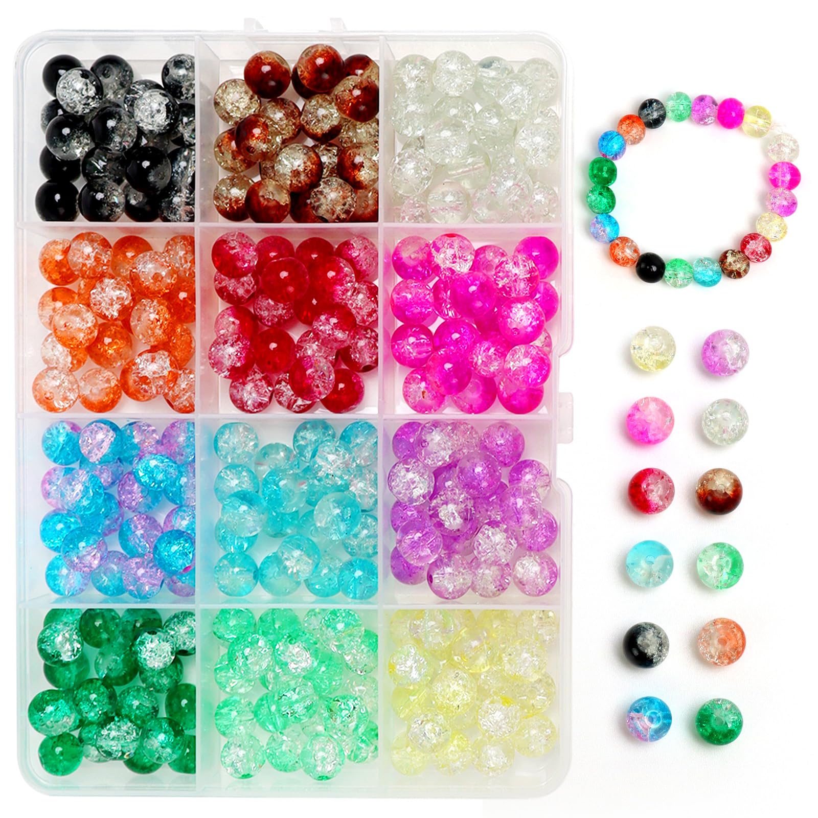 8mm Crackle Glass Beads, 240 Round Crystal Beads with Hole, Colourful Transparent Crackled Craft Peal Bead for DIY Bracelet Necklace Jewelry Jewellery Making