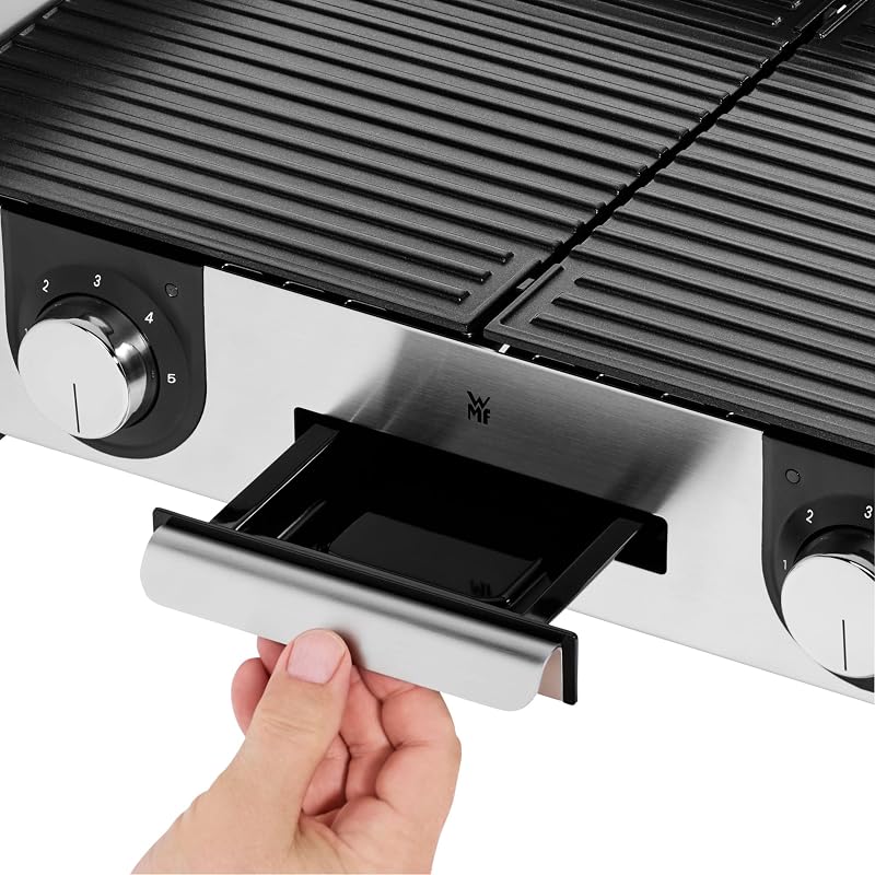 Wmf lono mastergrill, churrasqueira elétrica, 2400 w, superfície antiaderente, regulador de temperatura, 2 placas removíveis, acabamentos em aço inoxidável cromargan, cor prata/preta