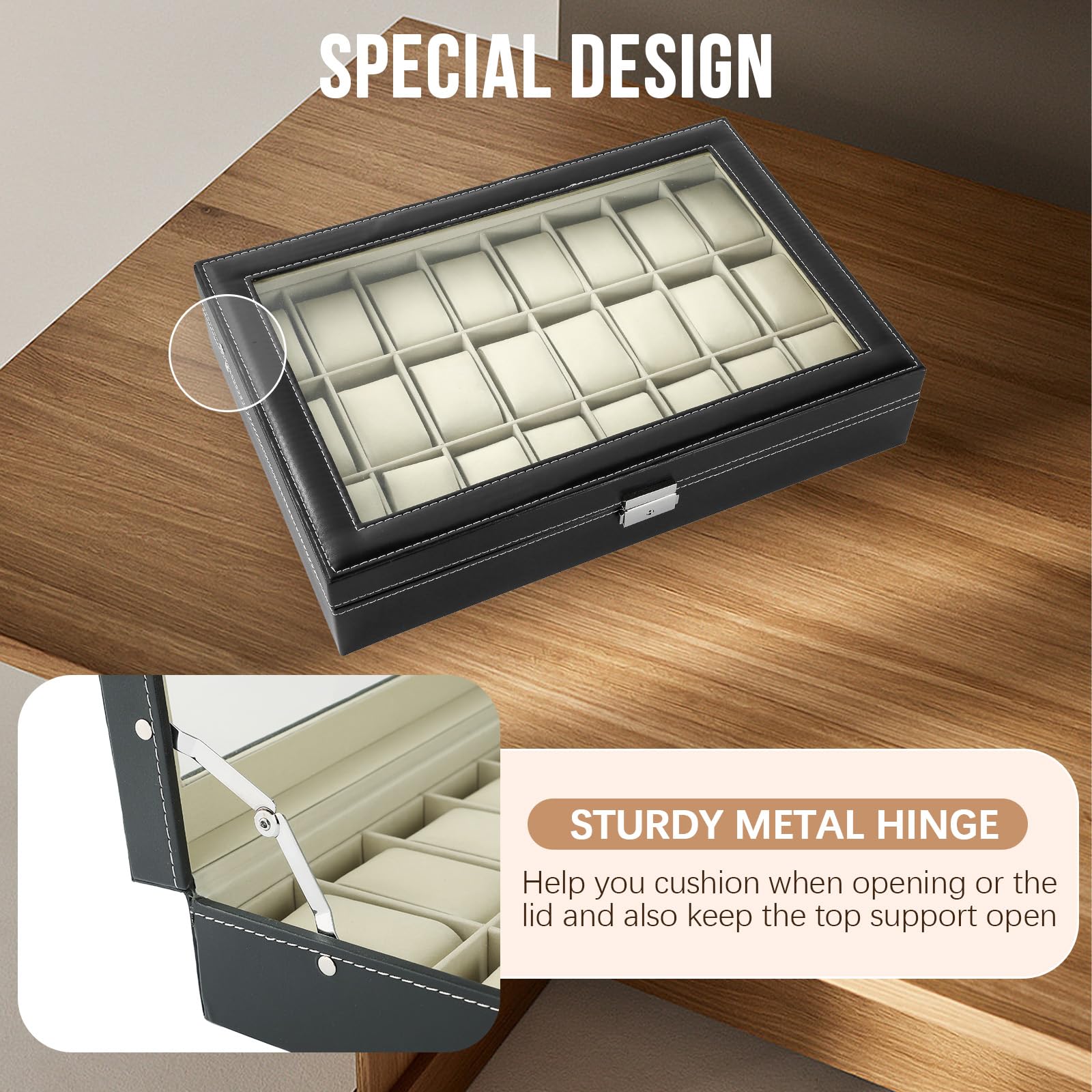 24 Slots Watch Box | Watch Case Display Organizer, Watch Display Case Glass Top for Men Women PU Leather Display Storage Collection Organizer Jewelry Case with Removable Pillows