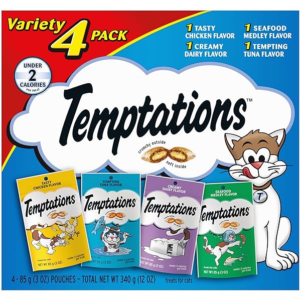 TEMPTATIONS CLASSIC CRUNCHY AND SOFT CAT TREATS FELINE FAVORITES VARIETY PACK, 3 OZ. POUCHES (PACK OF 4)