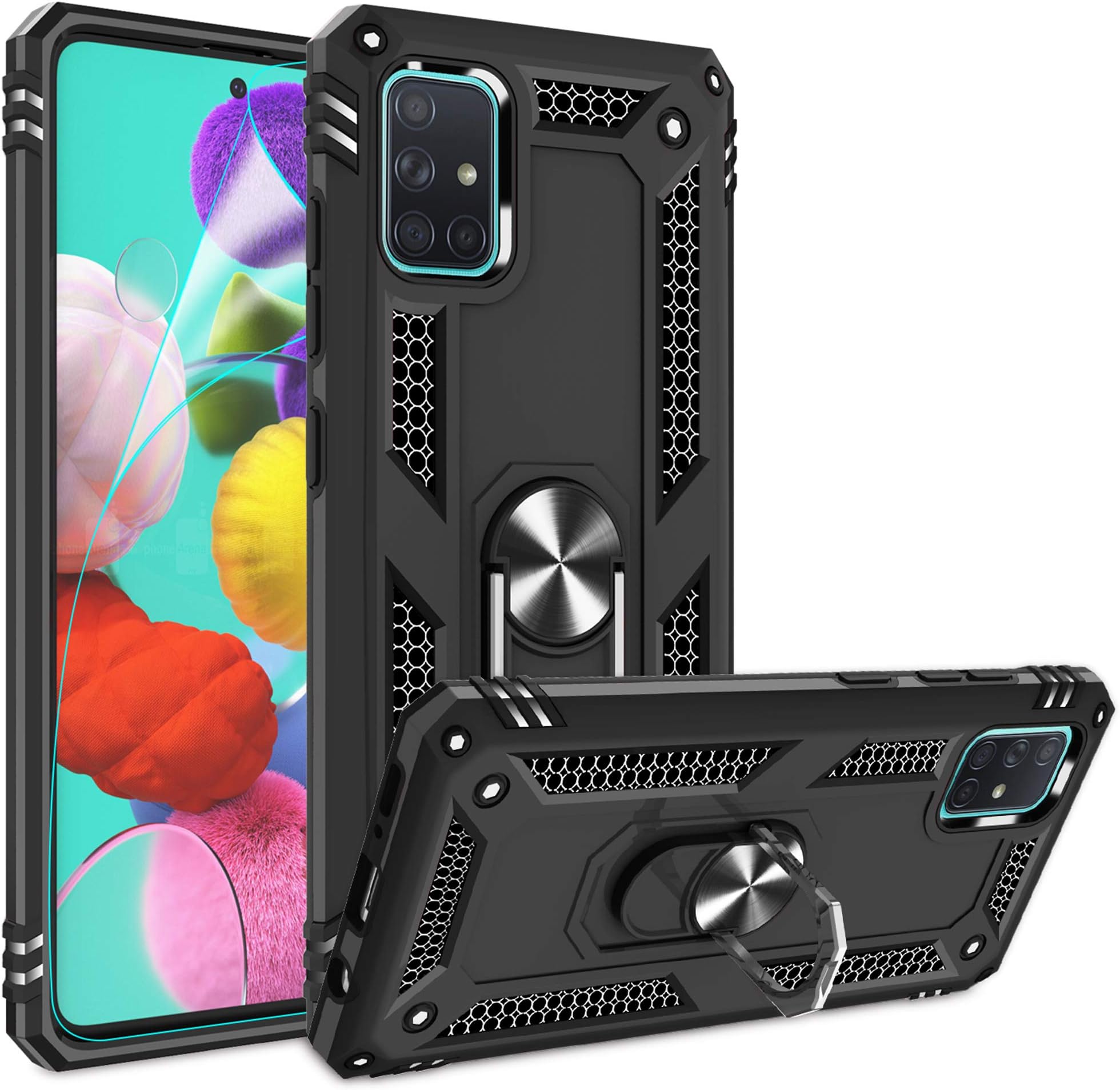 Gritup Compatible for Samsung Galaxy A51 Case (Not Fit Galaxy A51 5G) with HD Screen Protector, Military-Grade Protective with Magnetic Kickstand Ring Phone Case for Samsung A51 Black