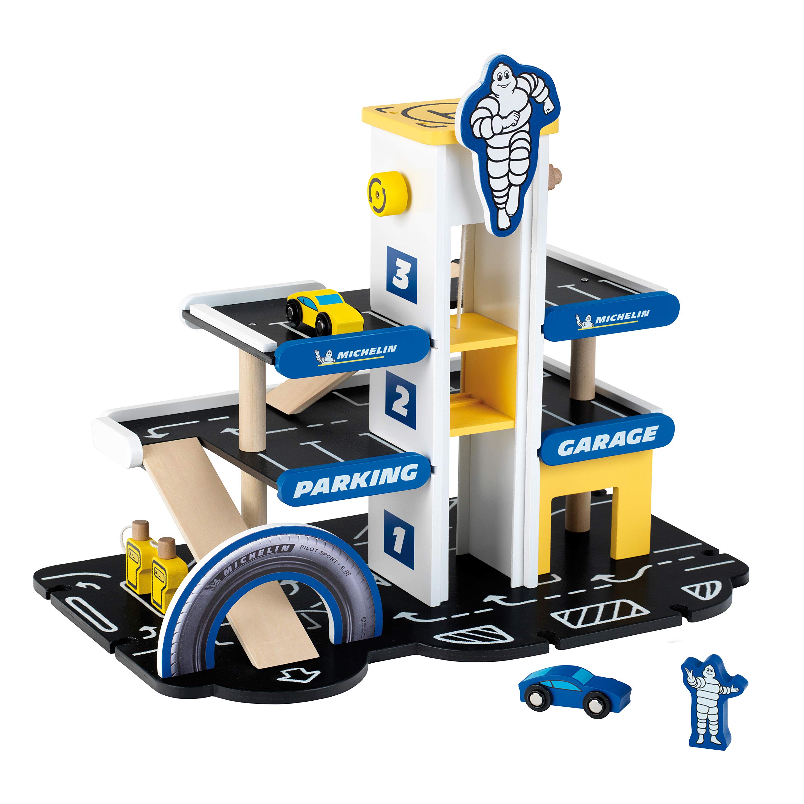 Theo Klein 3404 MICHELIN Car Park with 3 levels, wood I Parking garage incl. 2 cars and much more I Compatible with wooden tracks I Toy for children from 3 years