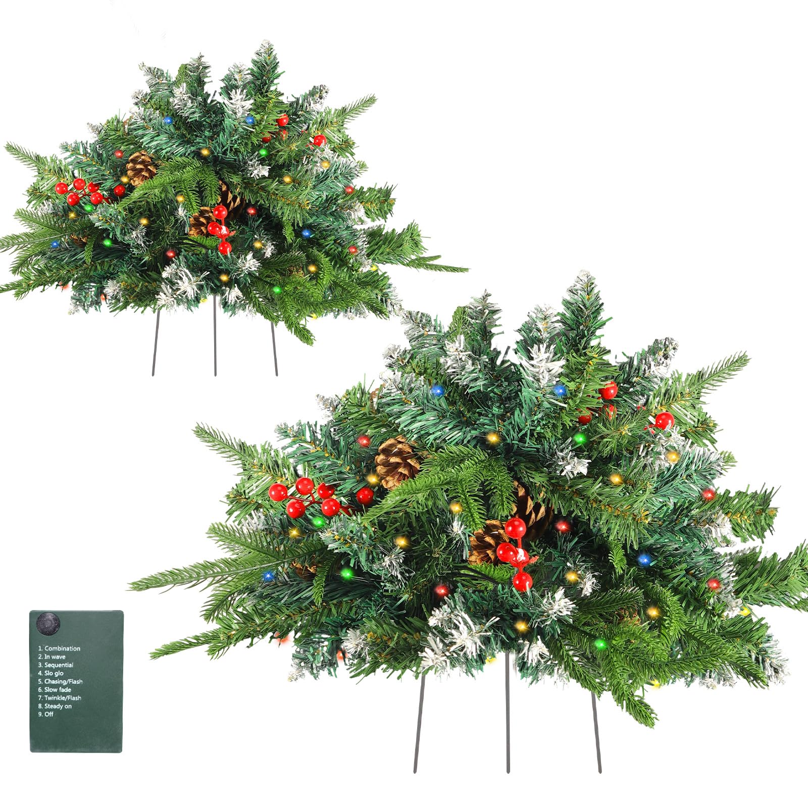 Photo 1 of 2 Pack Christmas Tree Urn Filler, Lighted Artificial Xmas Pine Trees with Tripod Stake, Light Up 8 Modes & Timer, Battery Powered Outdoor Planter Filler Festival Holiday Home Decor
