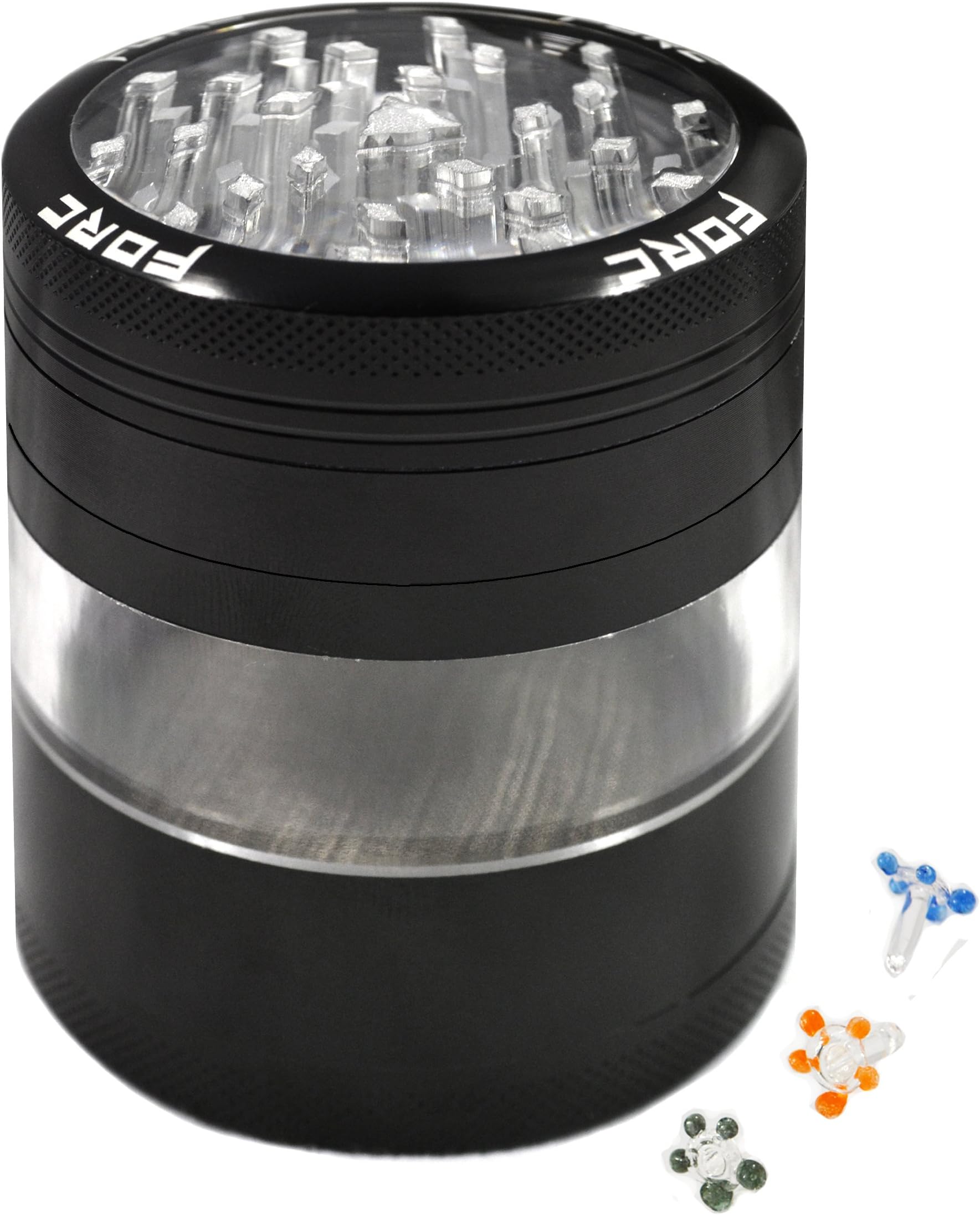 Large 2.5inch x 3inch FORC four piece clear top aluminum heavy duty herb grinder with large clear storage chamber and pollen catcher. LIFETIME GUARANTEE