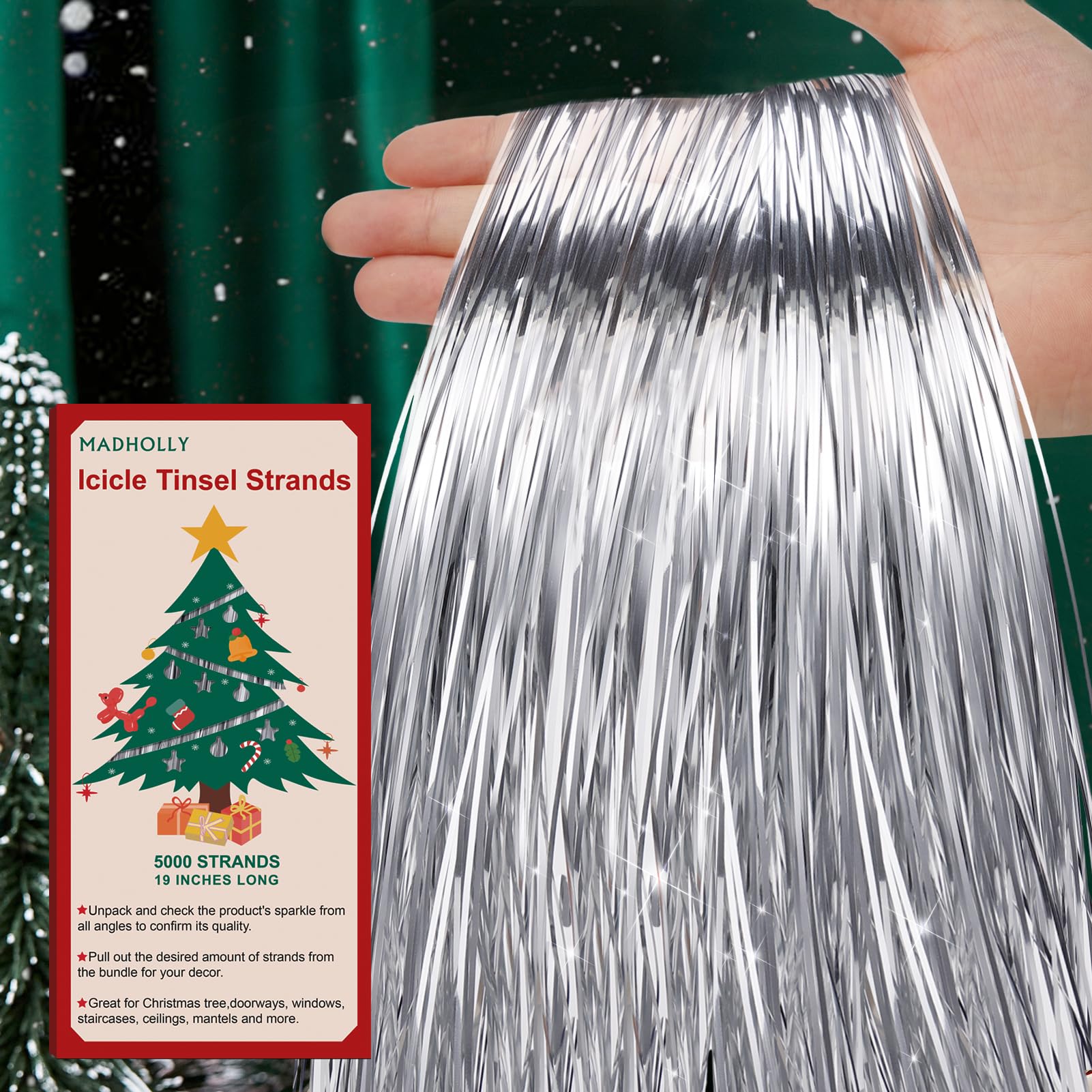 Photo 1 of Tinsel Icicles- 5000 Strands 19" Icicle Tinsel Strands for Christmas Tree- Shiny Foil Fringes Tinsel Christmas Tree Decorations for Xmas Tree Holiday Decor Birthday Wedding Party Supplies, Silver
