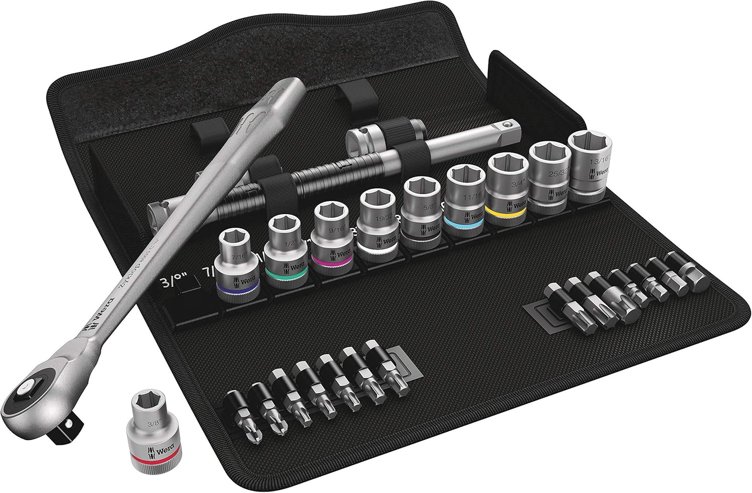 Wera 05004080001 8100 SC 10 Zyklop Metal Ratchet Set including Push-Through Square, 1/2" Drive, Imperial, 28 Pieces