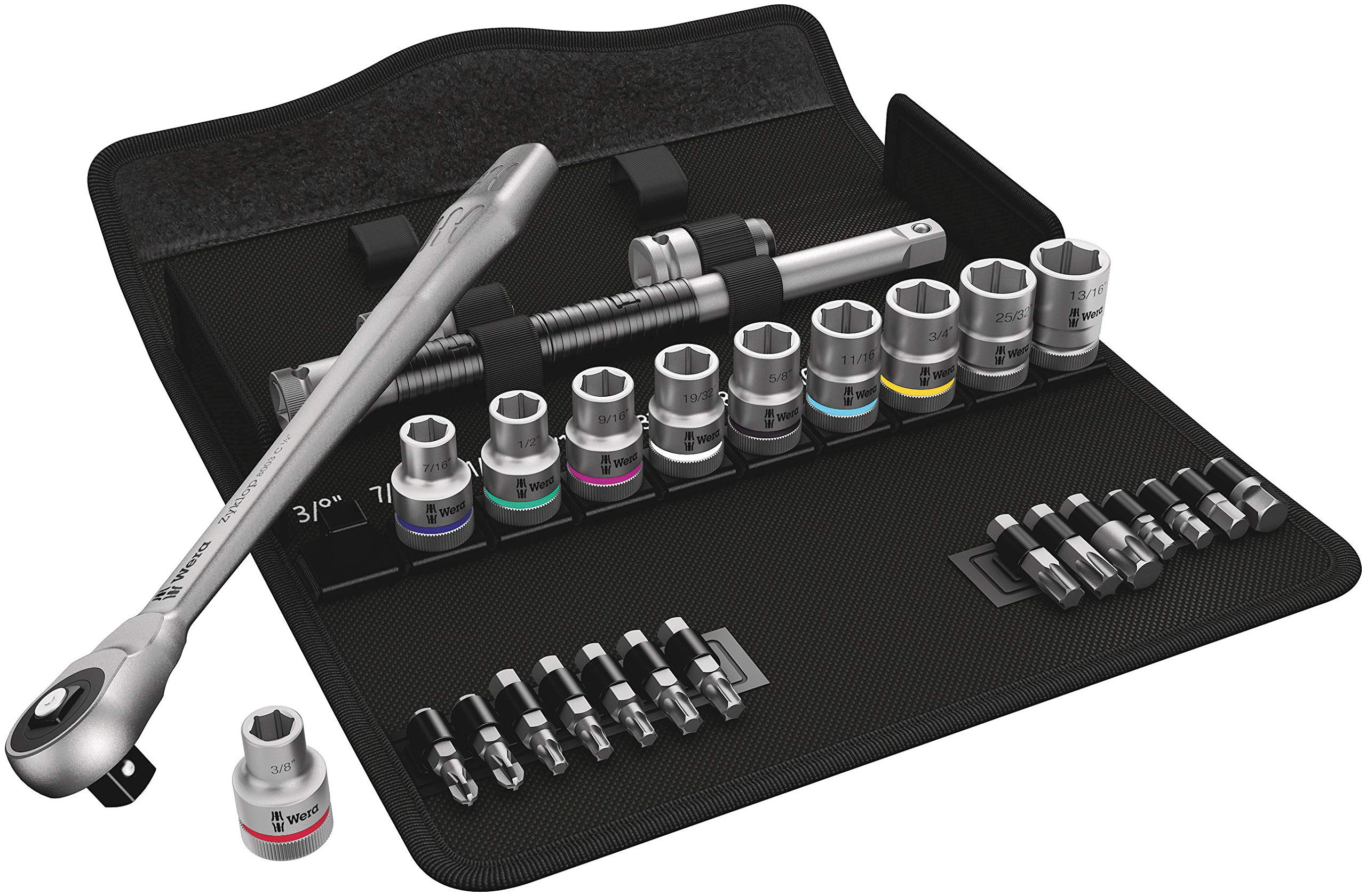 Wera 05004080001 8100 SC 10 Zyklop Metal Ratchet Set with Push-Through Square, 1/2" Drive, Imperial, 28 Pieces