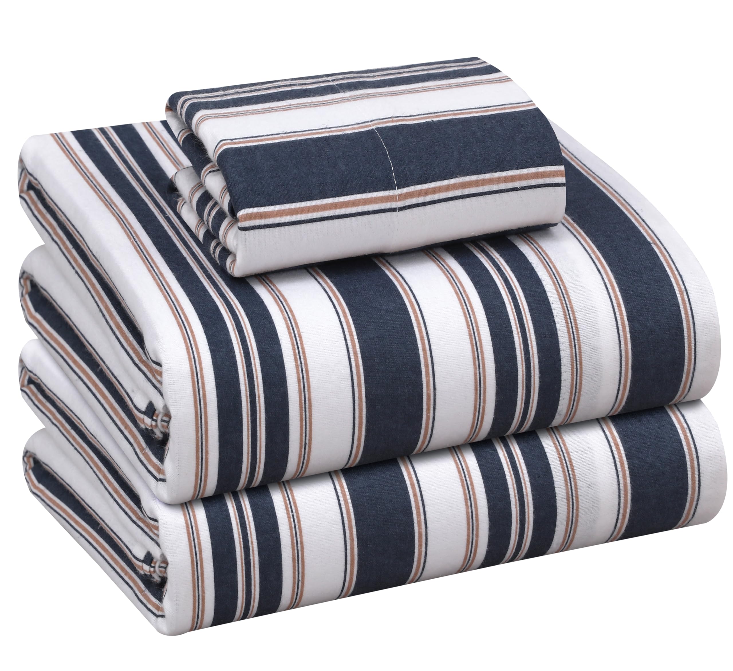 RUVANTI Flannel Sheets Twin XL Size - 100% Cotton Double Brushed Twin XL Sheet Sets, Deep Pockets 16 Inches, All Seasons Breathable & Extra Soft Bed Sheets, Warm & Cozy, 3 Piece, Maritime Stripe