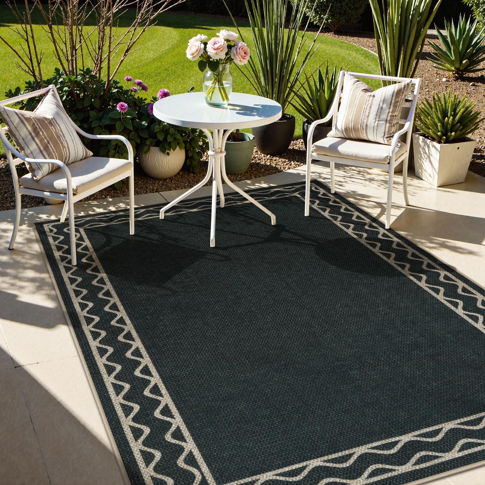 Photo 1 of OJIA Easy Jute Washable Rugs 5x7 Outside Rug, Modern Outdoor Patio Rug for Living Room Wavy Border Indoor Outdoor Rug Farmhouse Non-Slip Black Carpet Geometric Area Rug for Backyard Dining Room