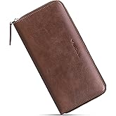 VISOUL Leather Long Zipper Pouch Wallet for Men and Women with RFID Blocking, Large Clutch Cash Long Wallet with Zipper (Brown)