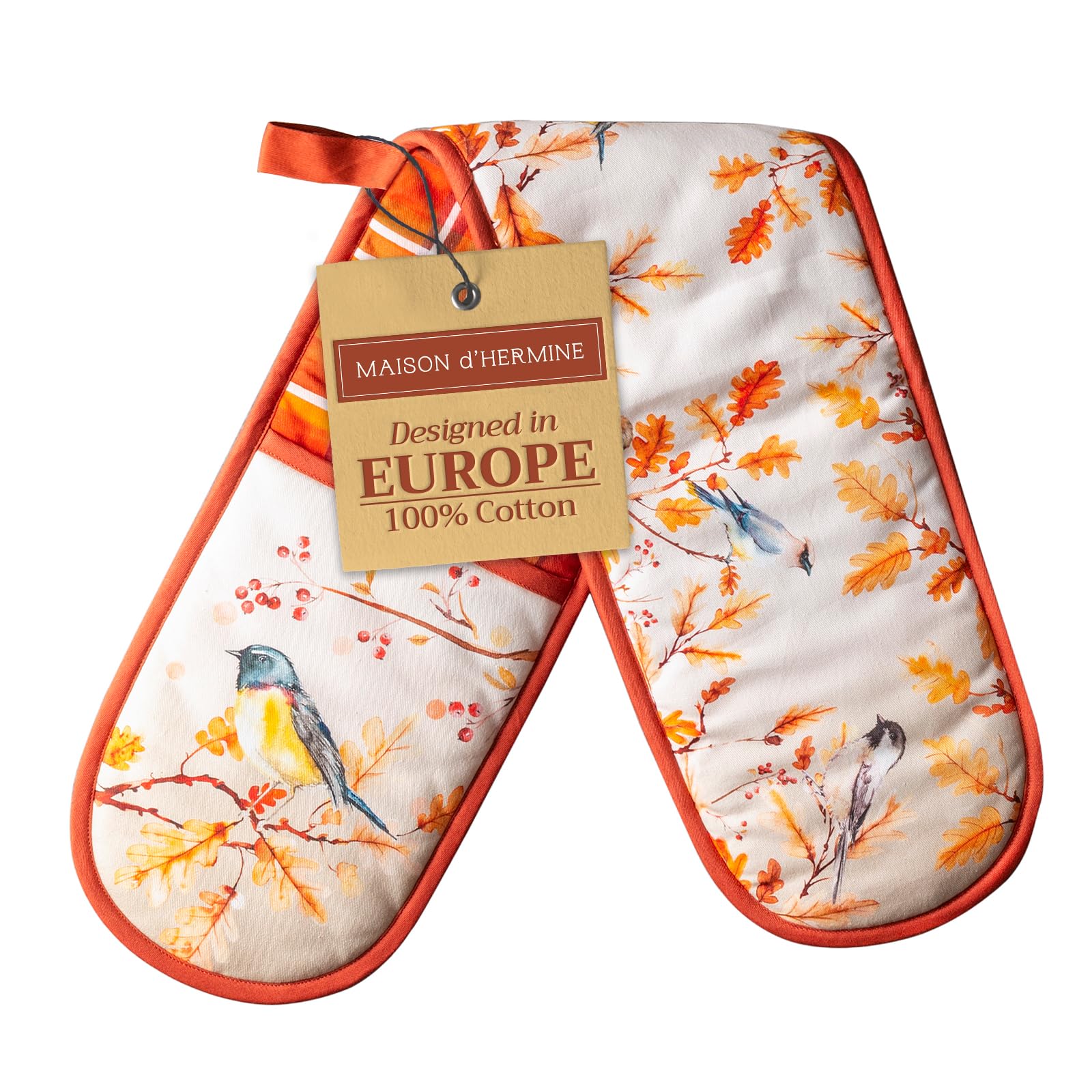 Maison d' Hermine Double Oven Mitt (18 cm x 89 cm) 100% Cotton Heat Resistant BBQ Cooking Gloves with Loop for Christmas Decorations Baking Cooking Barbeque Handling Hot Pan (Oak Leaves) — image 1